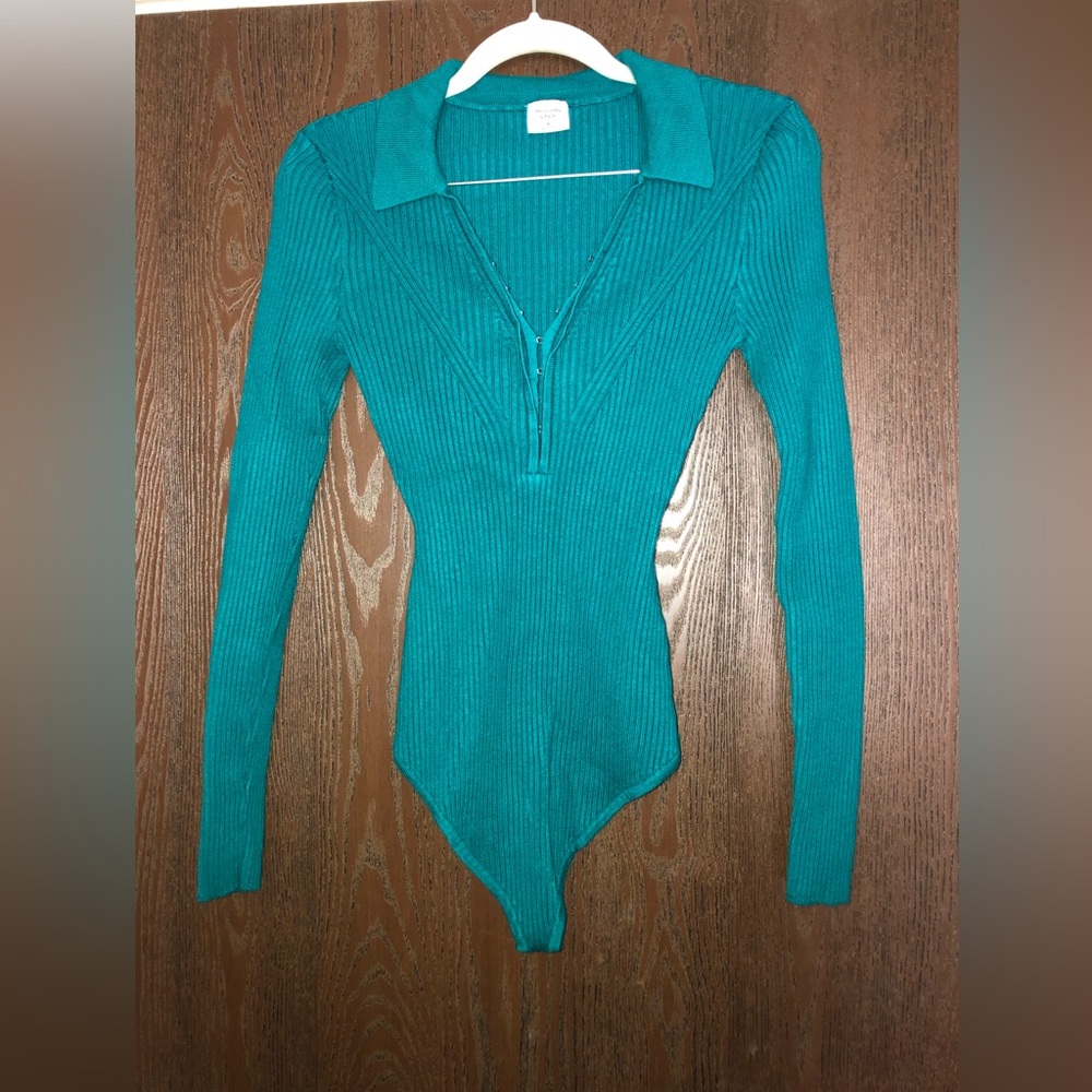 Abercrombie & Fitch Teal Ribbed Zip-Front Collared Bodysuit
